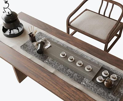 Traditional Chinese Tea Set on Wooden Table with Tea Stove Tea Tray Teacups and Teapot 3d model