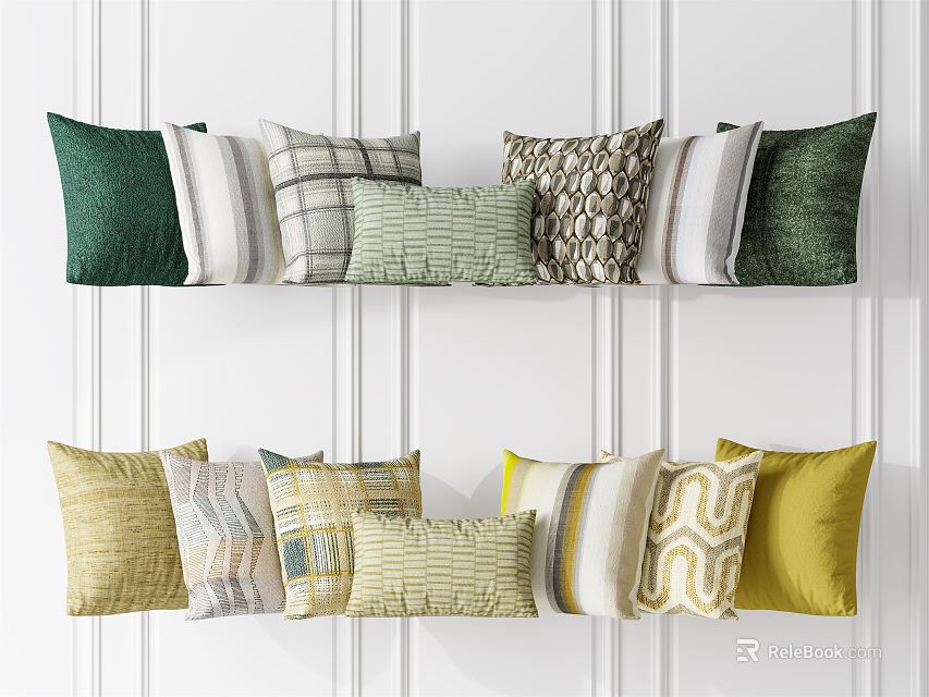 Modern Decorative Throw Pillows Featuring Striped Plaid And Geometric Patterns In Green Yellow Hues 3d model 