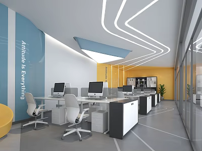 Modern Public Office Space With Work Desks Computers Blue Yellow Walls And Linear Lights 3d model