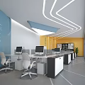 Modern Public Office Space With Work Desks Computers Blue Yellow Walls And Linear Lights