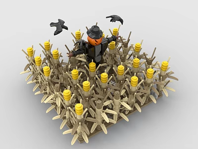 Creative Building Blocks Scarecrow Featuring Pumpkin Head Hat Yellow Cornstalks and Crows 3d model