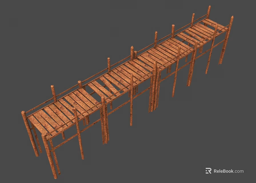 Simple Rustic Wooden Bridge With Plank Deck And Supportive Pillars Design 3d model 