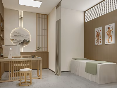 Modern Chinese Therapy Space With Wooden Furniture Acupuncture Charts And Treatment Bed 3d model
