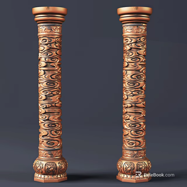 Two Copper Colored Ornamental Pillars With Detailed Intricate Carved Patterns Design 3d model 