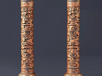 Two Copper Colored Ornamental Pillars With Detailed Intricate Carved Patterns Design 3d model