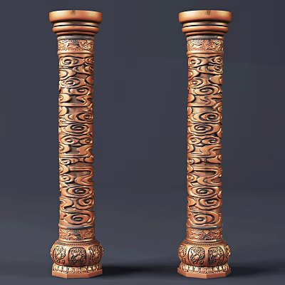 Two Copper Colored Ornamental Pillars With Detailed Intricate Carved Patterns Design 3d model