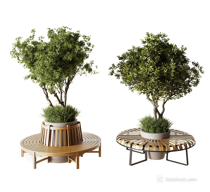 Wooden And Metal Circular Landscape Seats With Potted Green Trees For Outdoor Design 3d model 