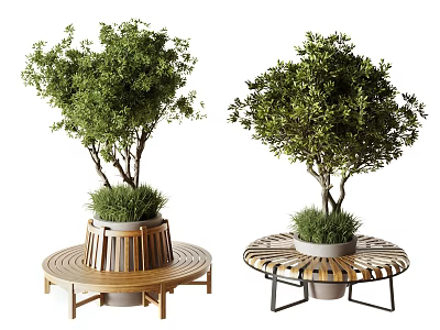 Wooden And Metal Circular Landscape Seats With Potted Green Trees For Outdoor Design 3d model