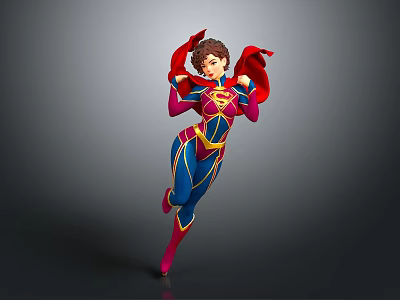 Female Superhero Character In Blue Red Costume With Red Cape And Dynamic Pose 3d model