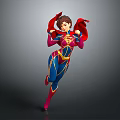 Female Superhero Character In Blue Red Costume With Red Cape And Dynamic Pose