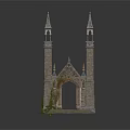 Gothic Style Building Featuring Twin Spires Arched Doorway Intricate Carvings And Climbing Vines