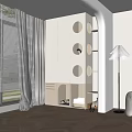 Modern Minimalist Interior White Decorative Cabinet With Circular Cutouts Pet Door Storage And Floor Lamp