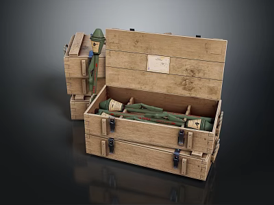Open Wooden Crate With Metal Latches Containing Tools And Stacked Design 3d model