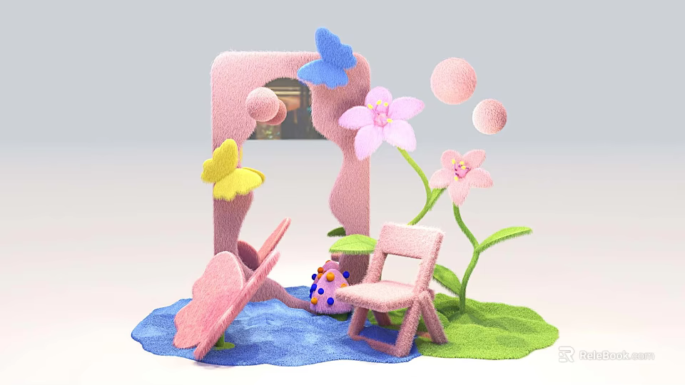 Soft Colorful Floral Display With Pink Flowers Blue Yellow Butterflies Green Grass And Small Chairs 3d model 