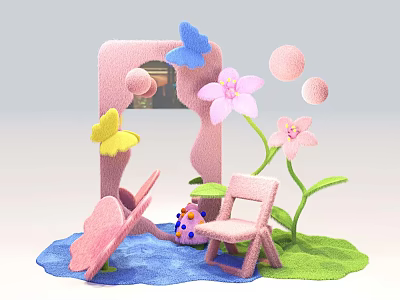 Soft Colorful Floral Display With Pink Flowers Blue Yellow Butterflies Green Grass And Small Chairs 3d model