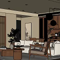 Minimalist Living and Dining Room Interior With Wooden Screens White Sofas And Pendant Lights