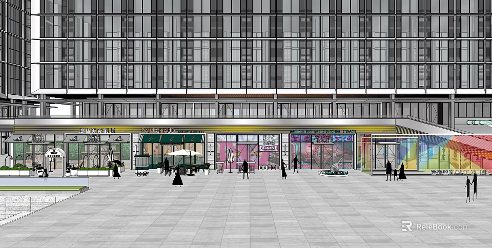 Vibrant Commercial Street With Modern Multi Story Buildings Storefronts And Pedestrians Lively Atmosphere 3d model 