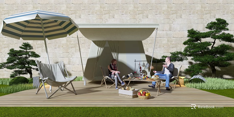 Outdoor Table With Striped Umbrella Wooden Deck Stone Wall And People Enjoying Fruits Drinks 3d model 