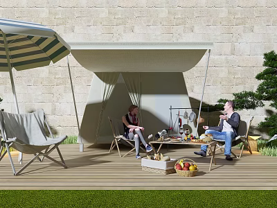 Outdoor Table With Striped Umbrella Wooden Deck Stone Wall And People Enjoying Fruits Drinks 3d model
