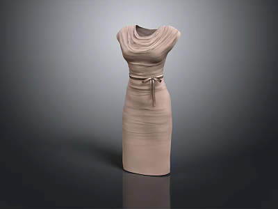 Elegant Beige Pleated Dress With Cowl Neck And Bow Belt Design 3d model