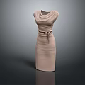 Elegant Beige Pleated Dress With Cowl Neck And Bow Belt Design