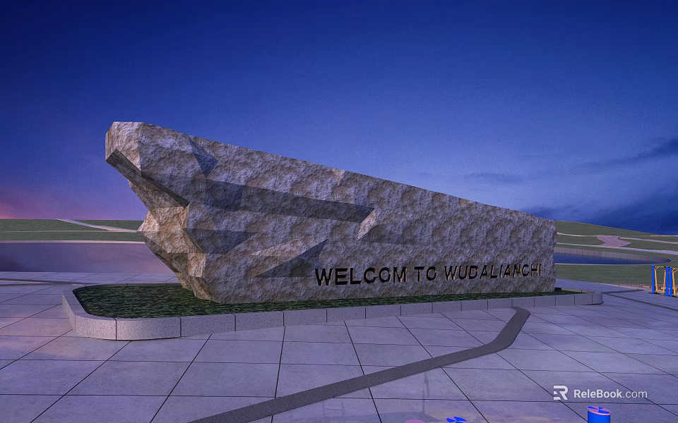 Rock Feature Wall With Engraved Welcome To Wudalianchi Text In Evening Plaza With Paved Ground 3d model 