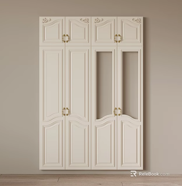 White Paneled Wardrobe Door Design With Glass Inserts And Gold Metal Handles 3d model 