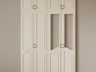 White Paneled Wardrobe Door Design With Glass Inserts And Gold Metal Handles 3d model