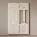 White Paneled Wardrobe Door Design With Glass Inserts And Gold Metal Handles