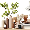 Elegant Modern Decorative Ornament Set with Plants Vases Clock Books and Home Decor