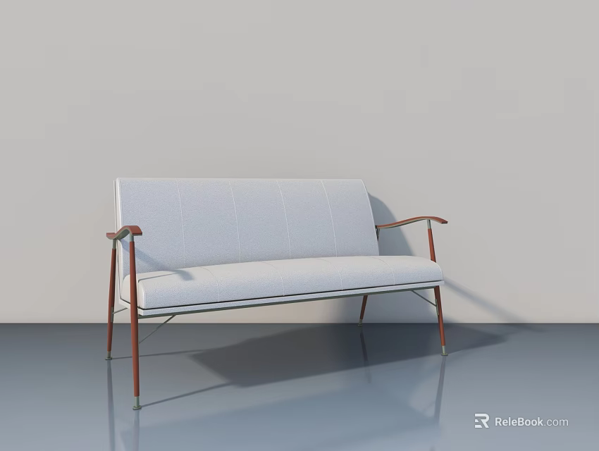 White Bench With Wooden Armrests And Metal Legs In Light Wall Interior 3d model 