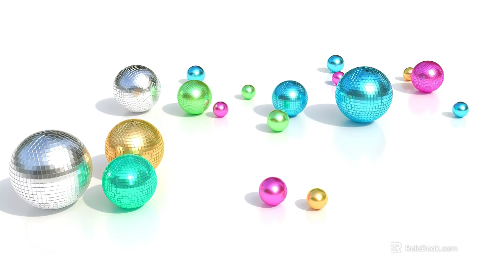Colorful Shiny Metallic Spheres of Various Colors and Sizes on White Surface 3d model 