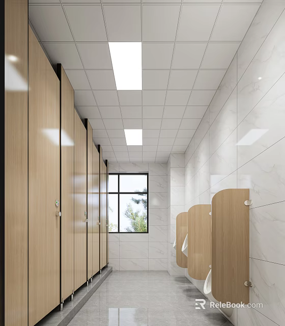 Modern Public Restroom With Wooden Cubicle Doors White Tiled Walls And Ceiling Lights 3d model 