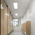 Modern Public Restroom With Wooden Cubicle Doors White Tiled Walls And Ceiling Lights