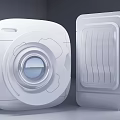 Two Modern White Washing Machines With Transparent Doors And Sleek Home Appliance Design