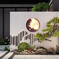 Modern Feature Wall With Circular Illuminated Feature Vertical Striped Design And Pine Tree Landscaping