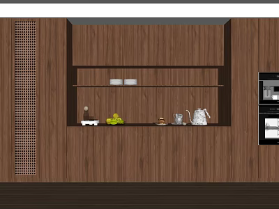 Elegant Wooden Wine Cabinet With Open Shelves Displaying Fruits And Tea Set 3d model