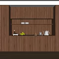 Elegant Wooden Wine Cabinet With Open Shelves Displaying Fruits And Tea Set