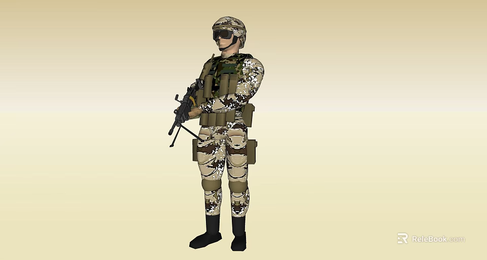 Game Movie Military Character In Camouflage Uniform With Helmet Goggles And Weapon 3d model 