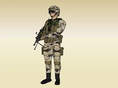 Game Movie Military Character In Camouflage Uniform With Helmet Goggles And Weapon 3d model