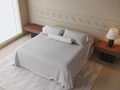 Double Bed with White Sheet and Pillows Beside Bedside Tables with Table Lamp on Rug 3d model