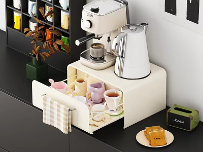 Kitchen Countertop Storage Cabinet with Coffee Machine Kettle Mugs and Toaster Organizer 3d model