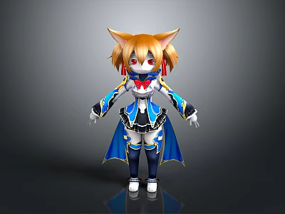Cute Cat Ear Character Yellow Hair Red Eyes Blue White Outfit With Cape 3d model