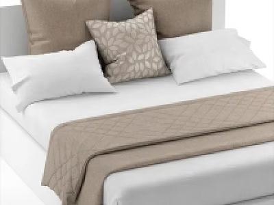 Modern Double Bed with Beige White Pillows Patterned Decorative Pillow and Quilted Blanket 3d model