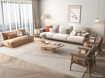 Modern Neutral Sofa And Wooden Coffee Table Set With Armchair Beige Rug And Wall Art 3d model