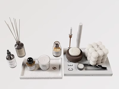 Minimalist Modern Decorative Ornament Set With Reed Diffusers Candles And White Spherical Ornaments On Trays 3d model