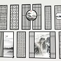 Traditional Chinese Screens with Geometric Patterns and Landscape Paintings Circular and Rectangular Home Decor 3d model