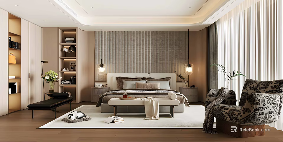 Modern Bedroom Interior With Textured Headboard Wall Pendant Lights And Area Rug 3d model 