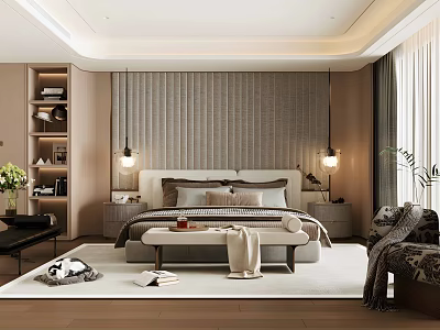 Modern Bedroom Interior With Textured Headboard Wall Pendant Lights And Area Rug 3d model