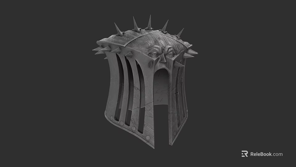 Unique Medieval Hat With Spikes Detailed Face Carving And Striped Design 3d model 